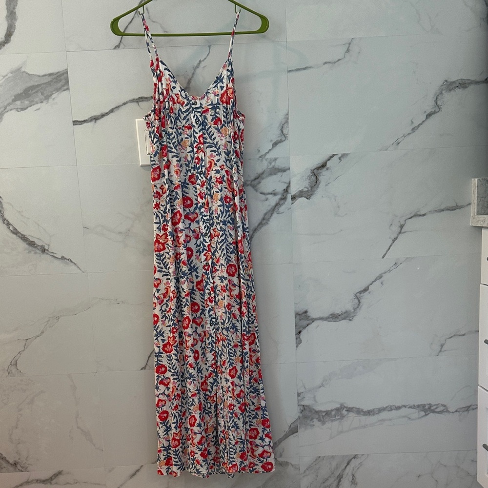 Billabong Floral Spaghetti-Strap Maxi Dress in White, Red & Blue